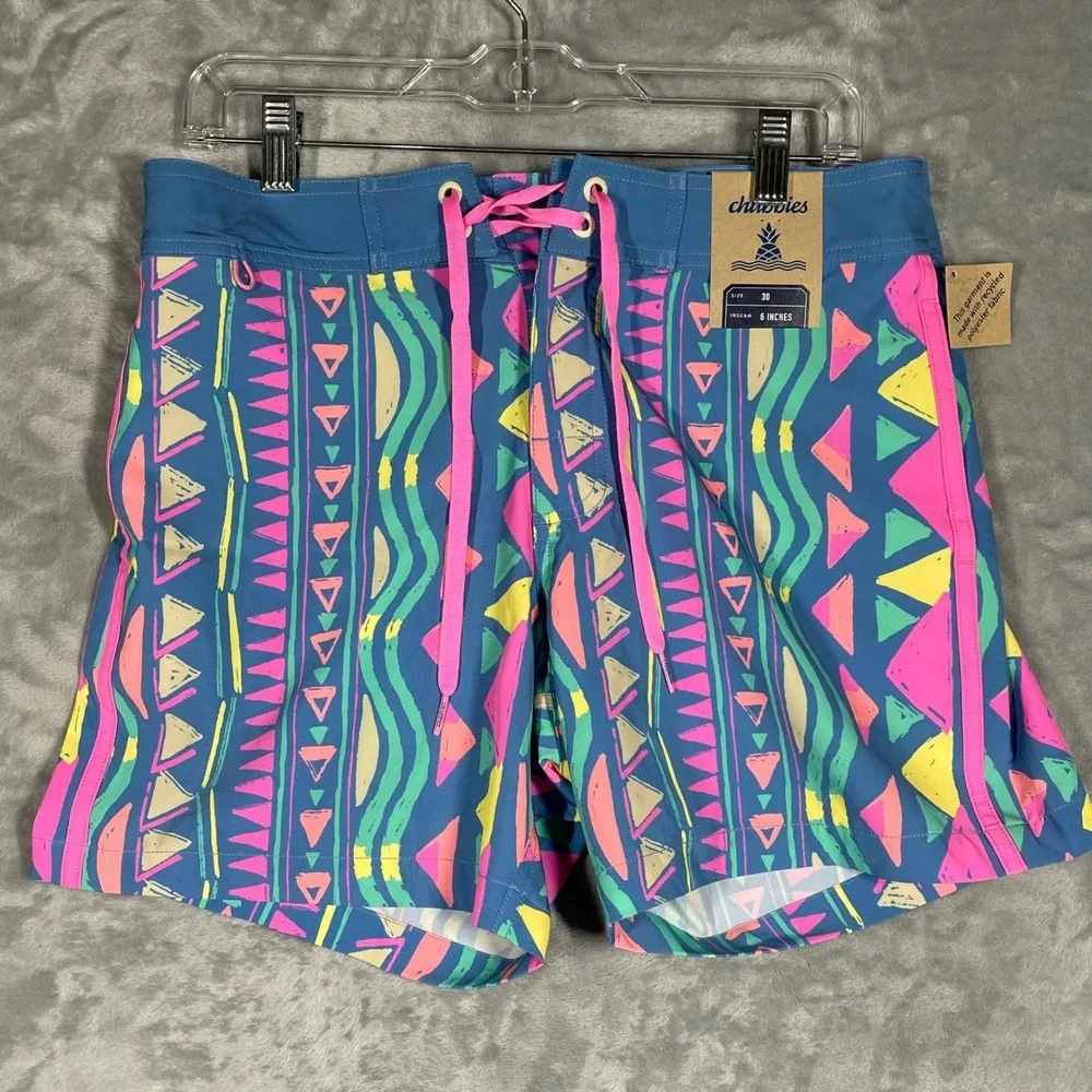 Chubbies The Long Timers Boardshorts Mens 30 Blue Neon 90s Retro 6 Inseam NEW